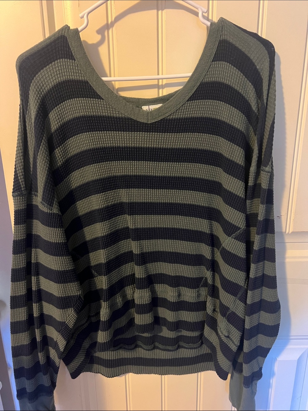 aerie Olive Green and Black Striped Scoop Neck Sweater
